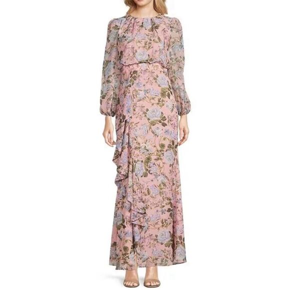 ELIZA J Pink Floral Print Long Sleeve Maxi Dress Front Slit Size 4 6 8 10 New - Picture 1 of 14